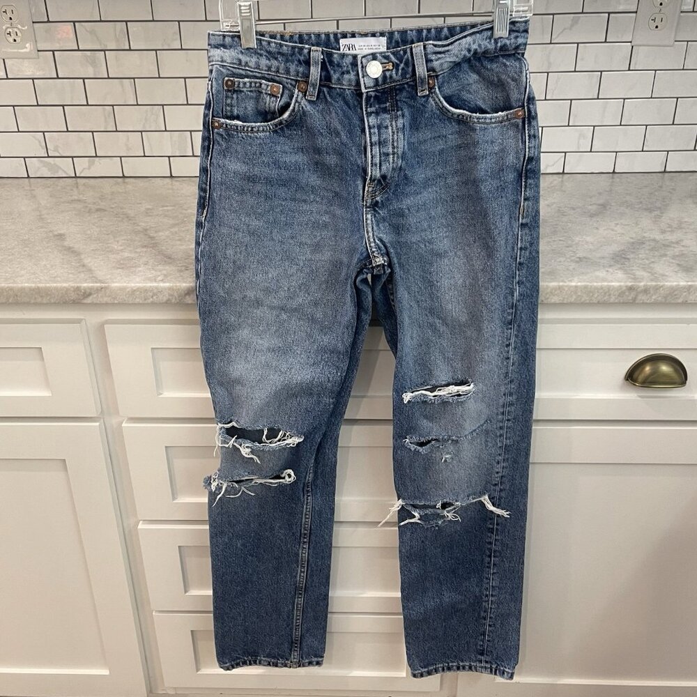 Zara Jeans Womens Size 4 Blue Denim Ripped Bohemian Hippie Button Fly